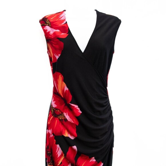 Vtg Cache Dress XS Stretch Black Draped Faux Wrap w Large Poppies Floral Print - Picture 2 of 7